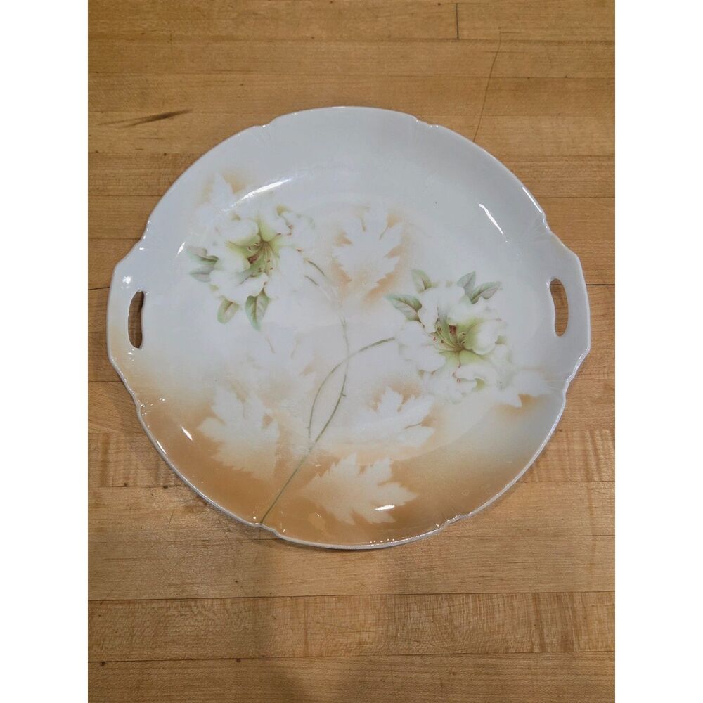 Antique German Porcelain Hand Painted Floral Cake Plate Molded Handles 10.5 In